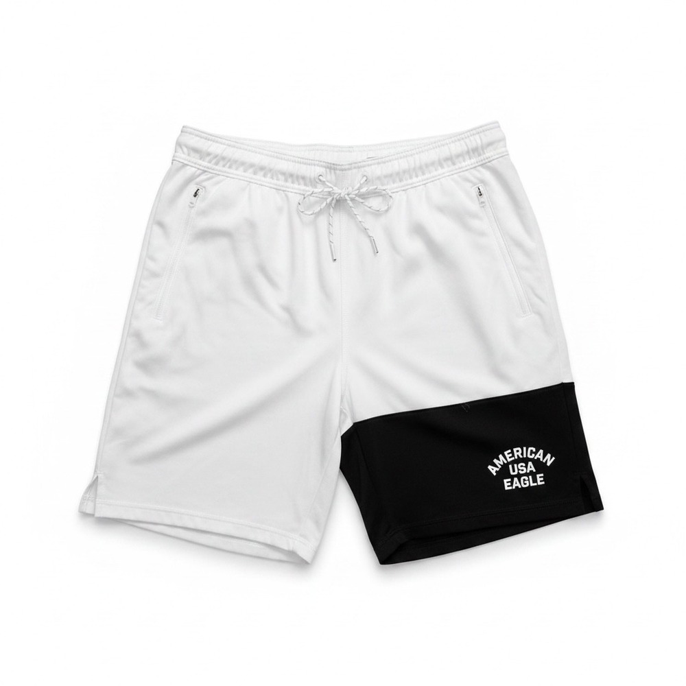 American Eagle USA Mens White Black Colorblock Athletic Gym Shorts Size Medium
